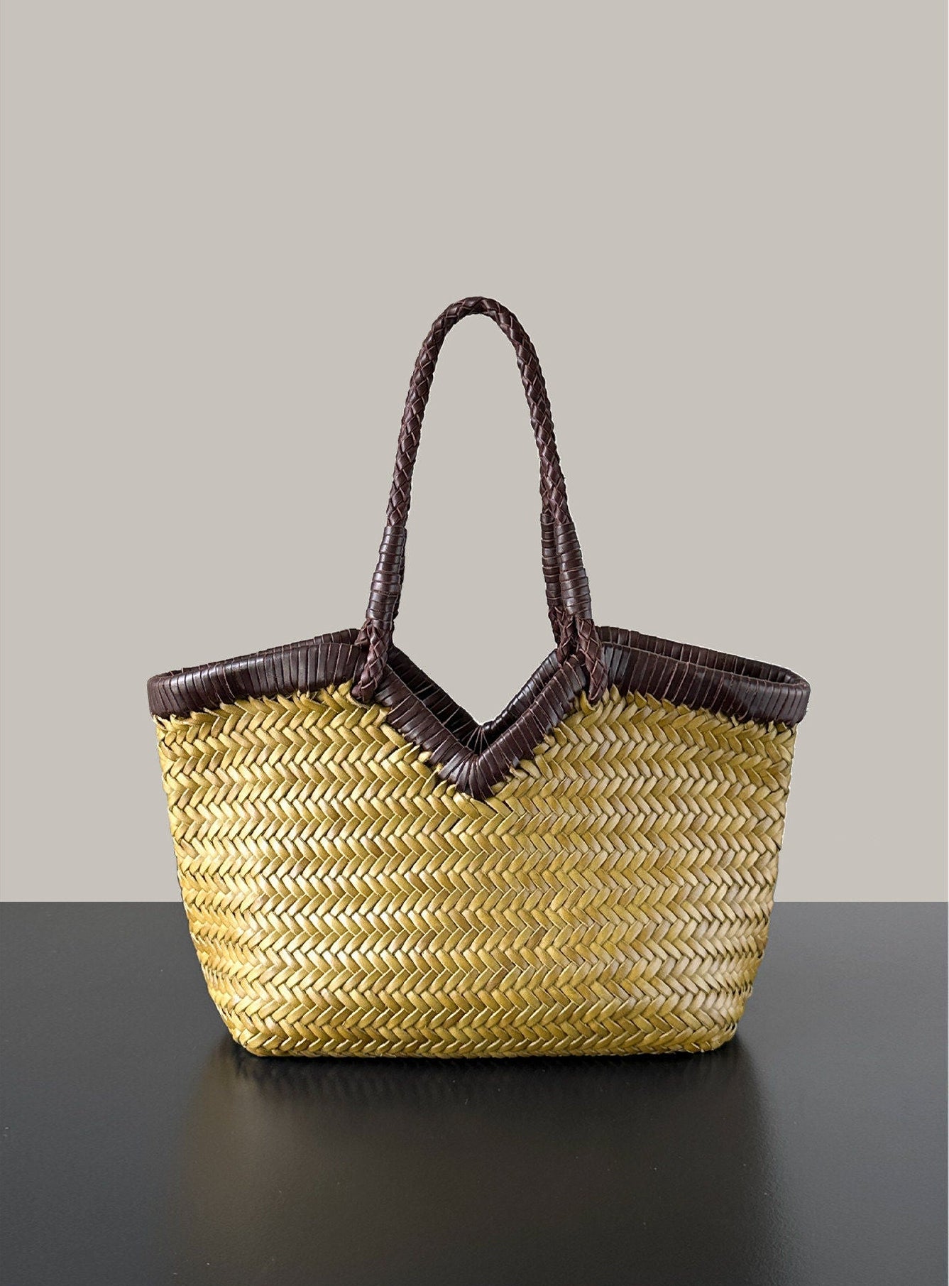 Handwoven Full Grain Cowhide Leather Basket Tote | V-Cut Rim Leather Shoulder Bag | Summer Beach Bag in Two Sizes