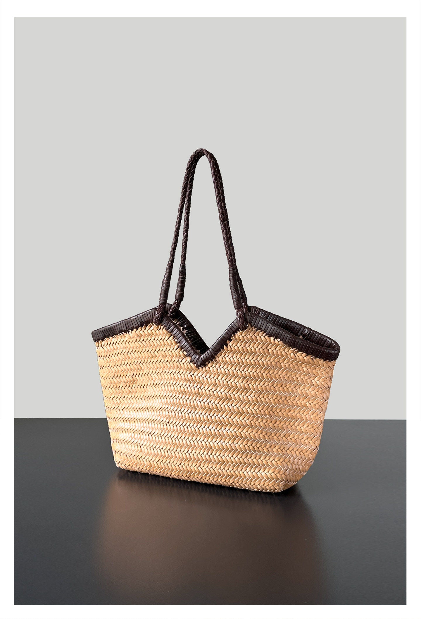 Handwoven Full Grain Cowhide Leather Basket Tote | V-Cut Rim Leather Shoulder Bag | Summer Beach Bag in Two Sizes
