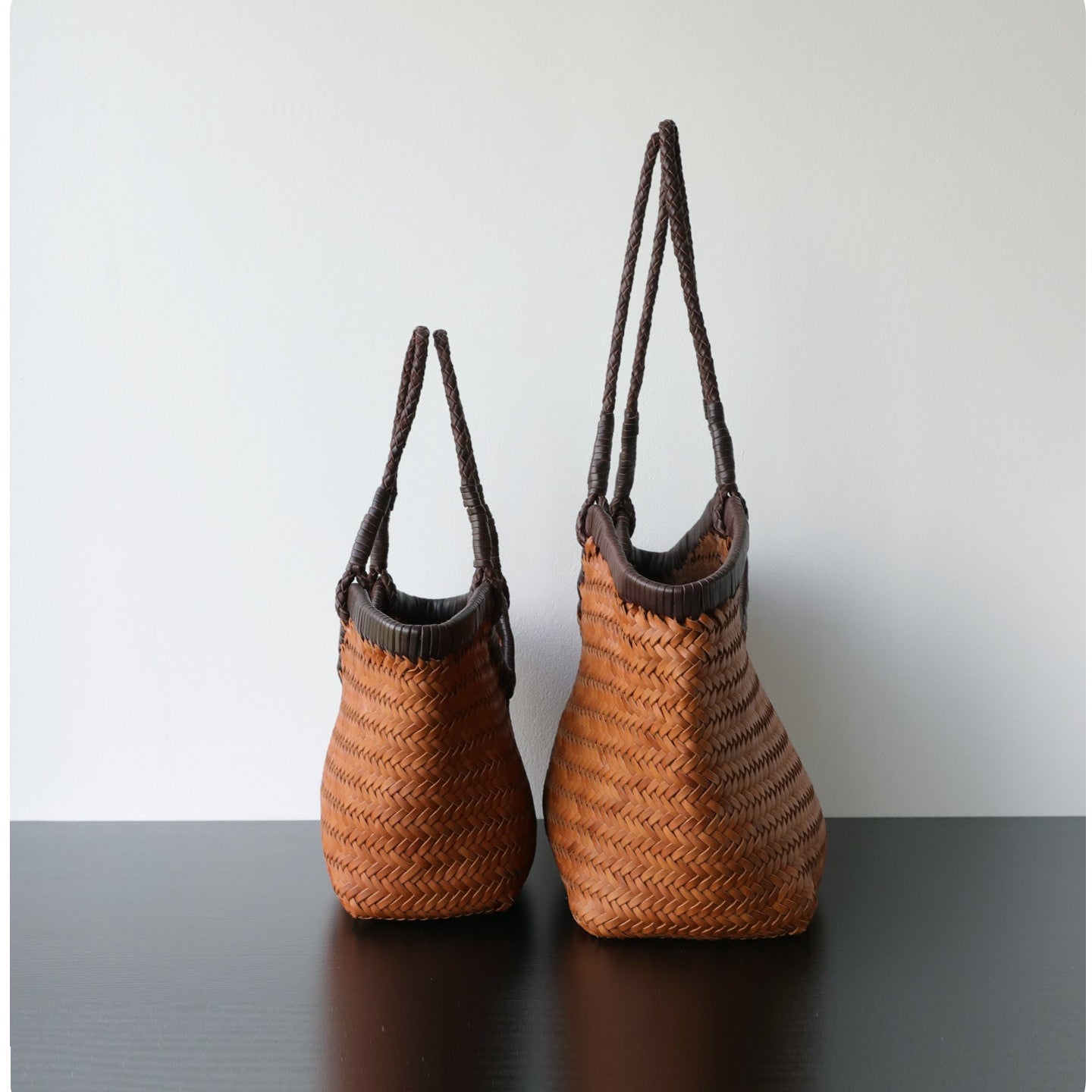Handwoven Full Grain Cowhide Leather Basket Tote | V-Cut Rim Leather Shoulder Bag | Summer Beach Bag in Two Sizes