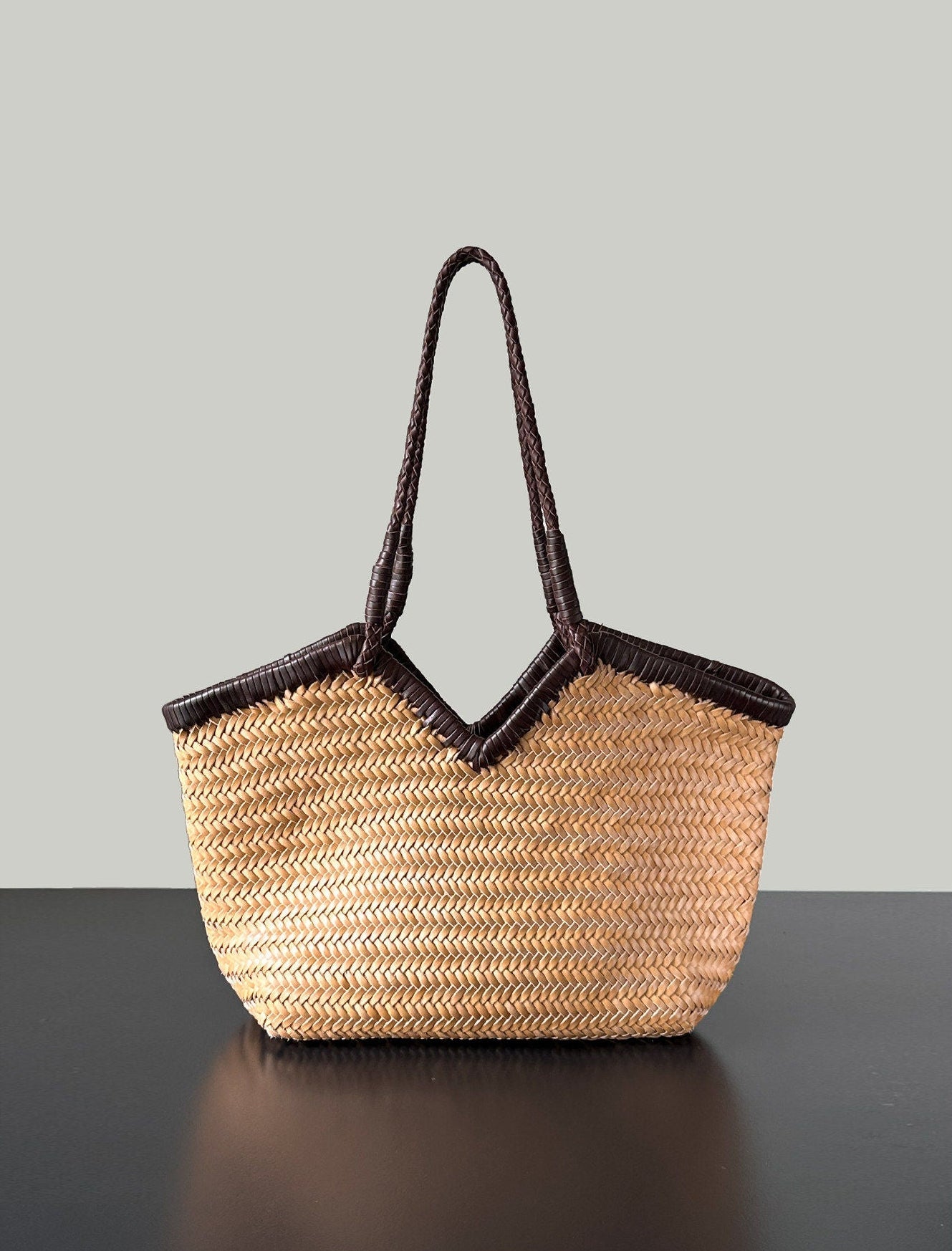 Handwoven Full Grain Cowhide Leather Basket Tote | V-Cut Rim Leather Shoulder Bag | Summer Beach Bag in Two Sizes