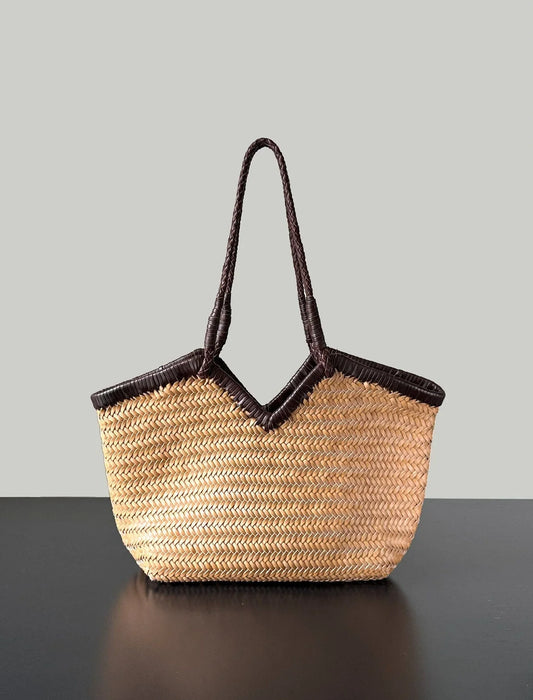 Handwoven Full Grain Cowhide Leather Basket Tote | V-Cut Rim Leather Shoulder Bag | Summer Beach Bag in Two Sizes