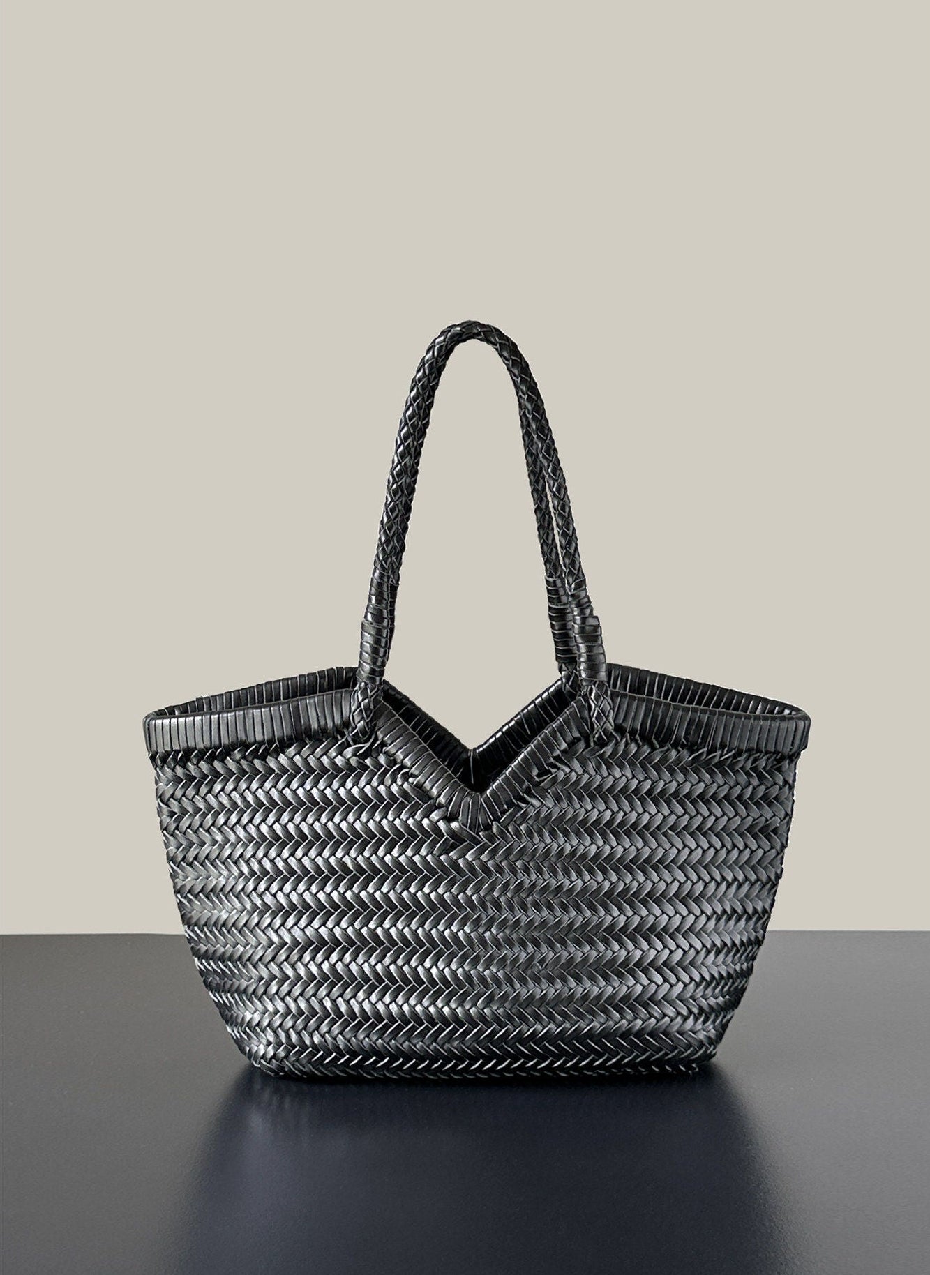 Handwoven Full Grain Cowhide Leather Basket Tote | V-Cut Rim Leather Shoulder Bag | Summer Beach Bag in Two Sizes