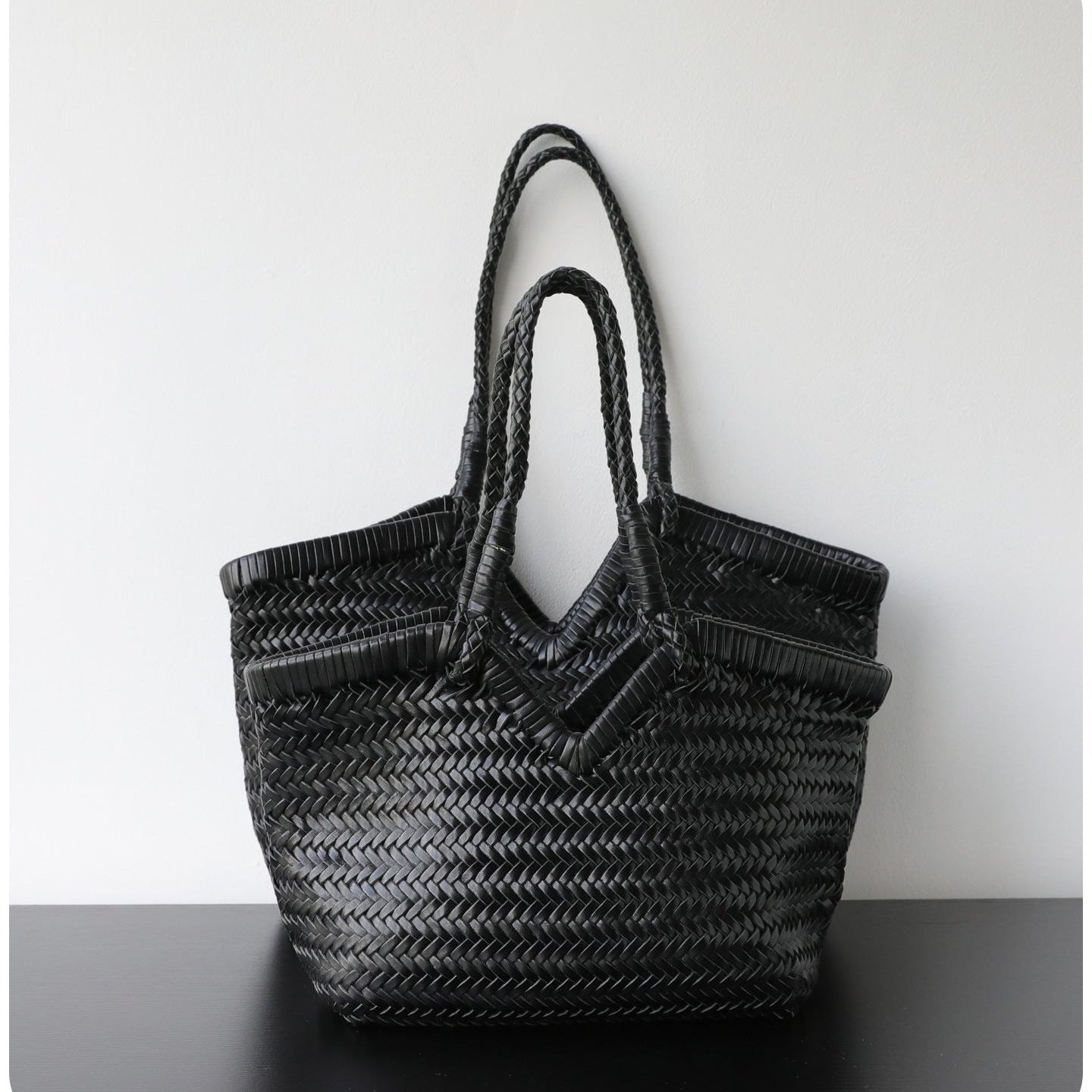 Handwoven Full Grain Cowhide Leather Basket Tote | V-Cut Rim Leather Shoulder Bag | Summer Beach Bag in Two Sizes