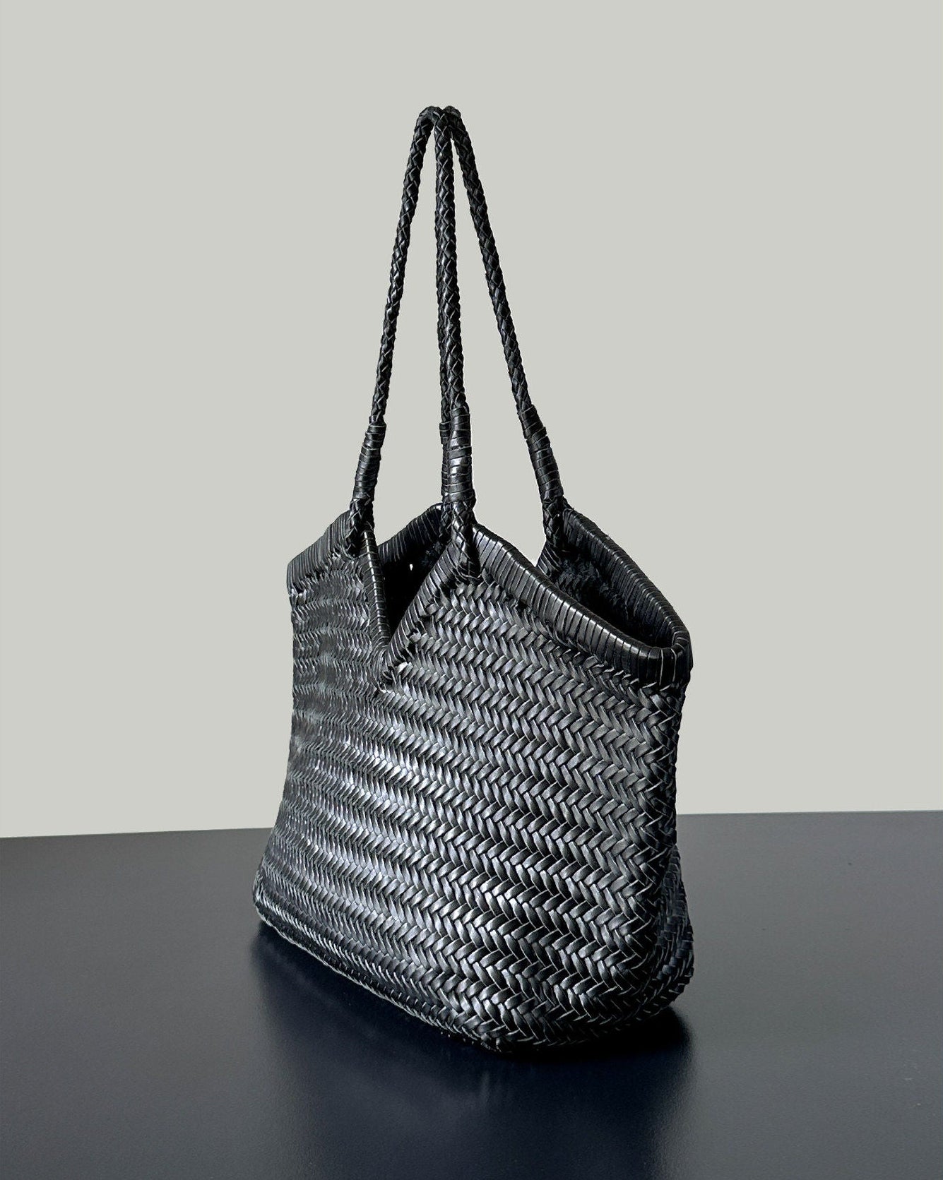 Handwoven Full Grain Cowhide Leather Basket Tote | V-Cut Rim Leather Shoulder Bag | Summer Beach Bag in Two Sizes