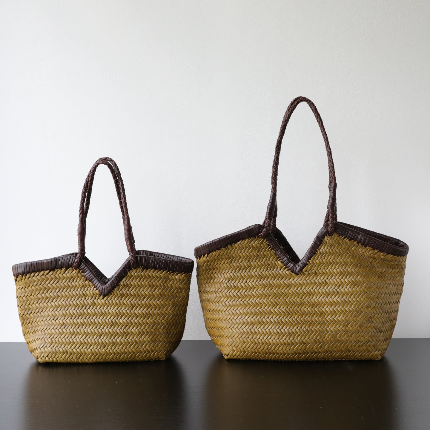 Handwoven Full Grain Cowhide Leather Basket Tote | V-Cut Rim Leather Shoulder Bag | Summer Beach Bag in Two Sizes