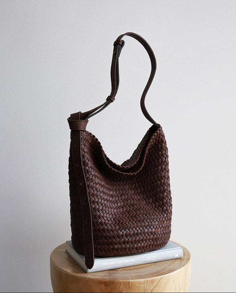 Full-grain leather bucket bag newest colourway – handwoven vegetable-tanned woven leather bag