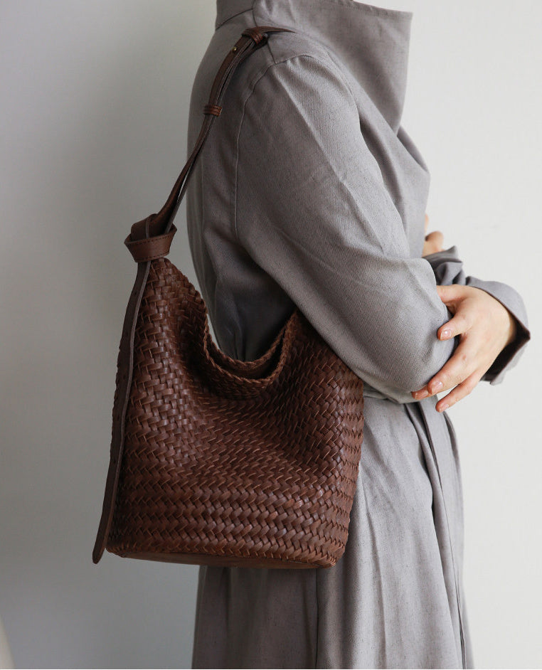 Handwoven full-grain leather bucket bag – artisan woven vegetable-tanned leather shoulder bag