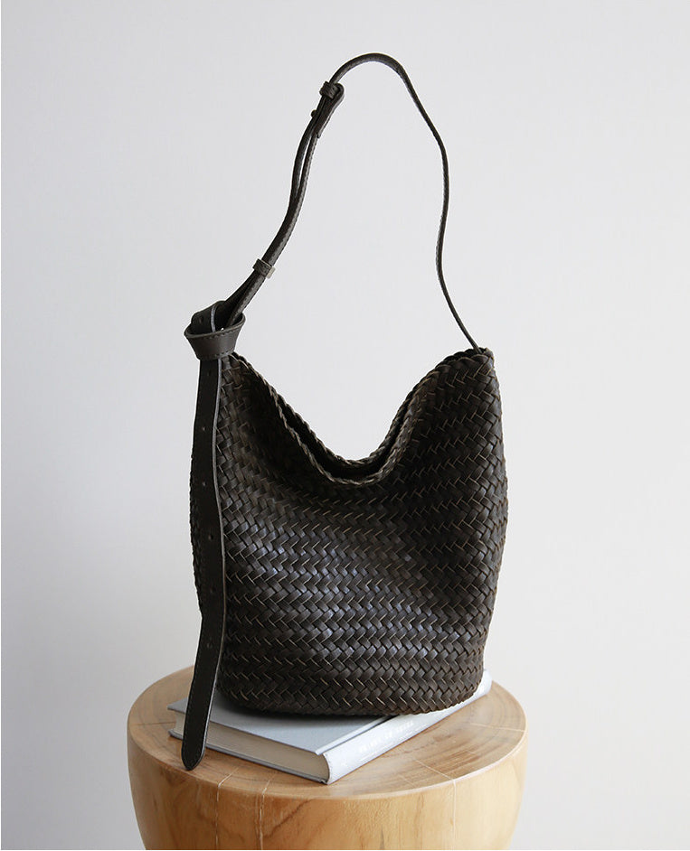 Handwoven full-grain leather bucket bag – new colourway artisan woven vegetable-tanned leather
