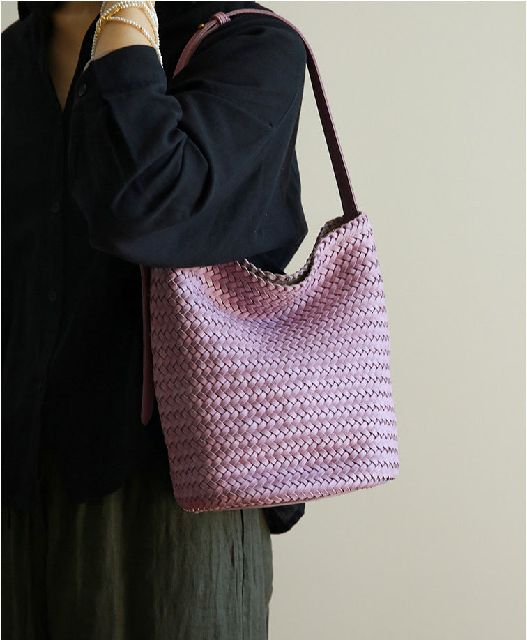 Handwoven Full-Grain Leather Bucket Bag – Two Sizes | Vegetable-Tanned Leather Shoulder Bag, 19 Colours, Hydrophobic Finish