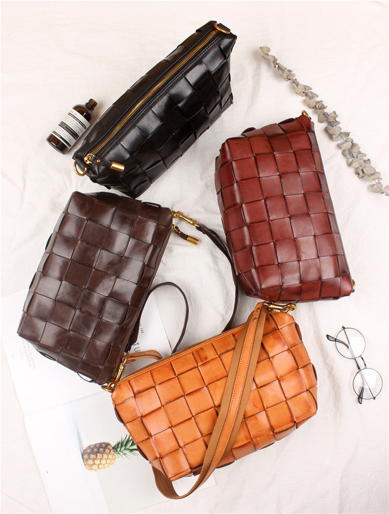 Handwoven Full Grain Leather Crossbody Bag | Vintage Women's Shoulder Bag