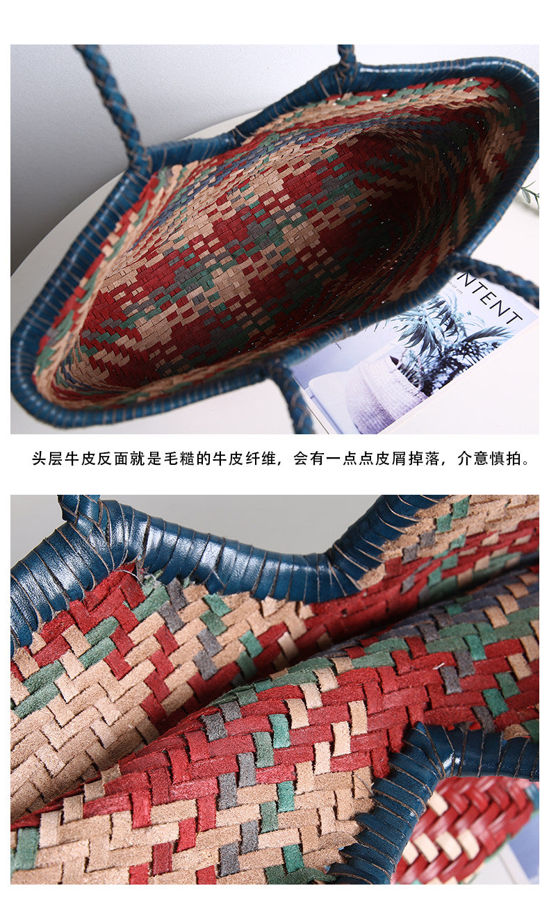 Handwoven Full Grain Leather Tote Bag for Women | Multicolor Bohemian Braided Basket Shoulder Bag | Spring Summer Market Bag
