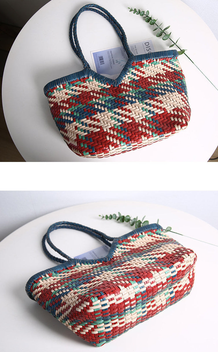 Handwoven Full Grain Leather Tote Bag for Women | Multicolor Bohemian Braided Basket Shoulder Bag | Spring Summer Market Bag