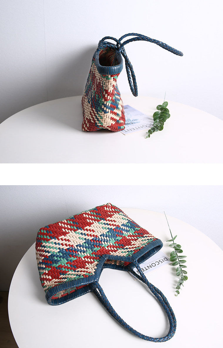 Handwoven Full Grain Leather Tote Bag for Women | Multicolor Bohemian Braided Basket Shoulder Bag | Spring Summer Market Bag