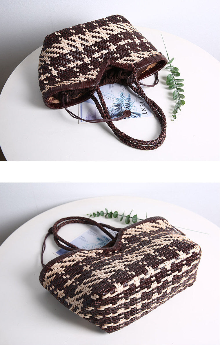 Handwoven Full Grain Leather Tote Bag for Women | Multicolor Bohemian Braided Basket Shoulder Bag | Spring Summer Market Bag