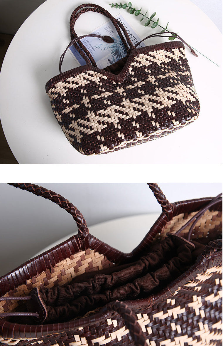 Handwoven Full Grain Leather Tote Bag for Women | Multicolor Bohemian Braided Basket Shoulder Bag | Spring Summer Market Bag