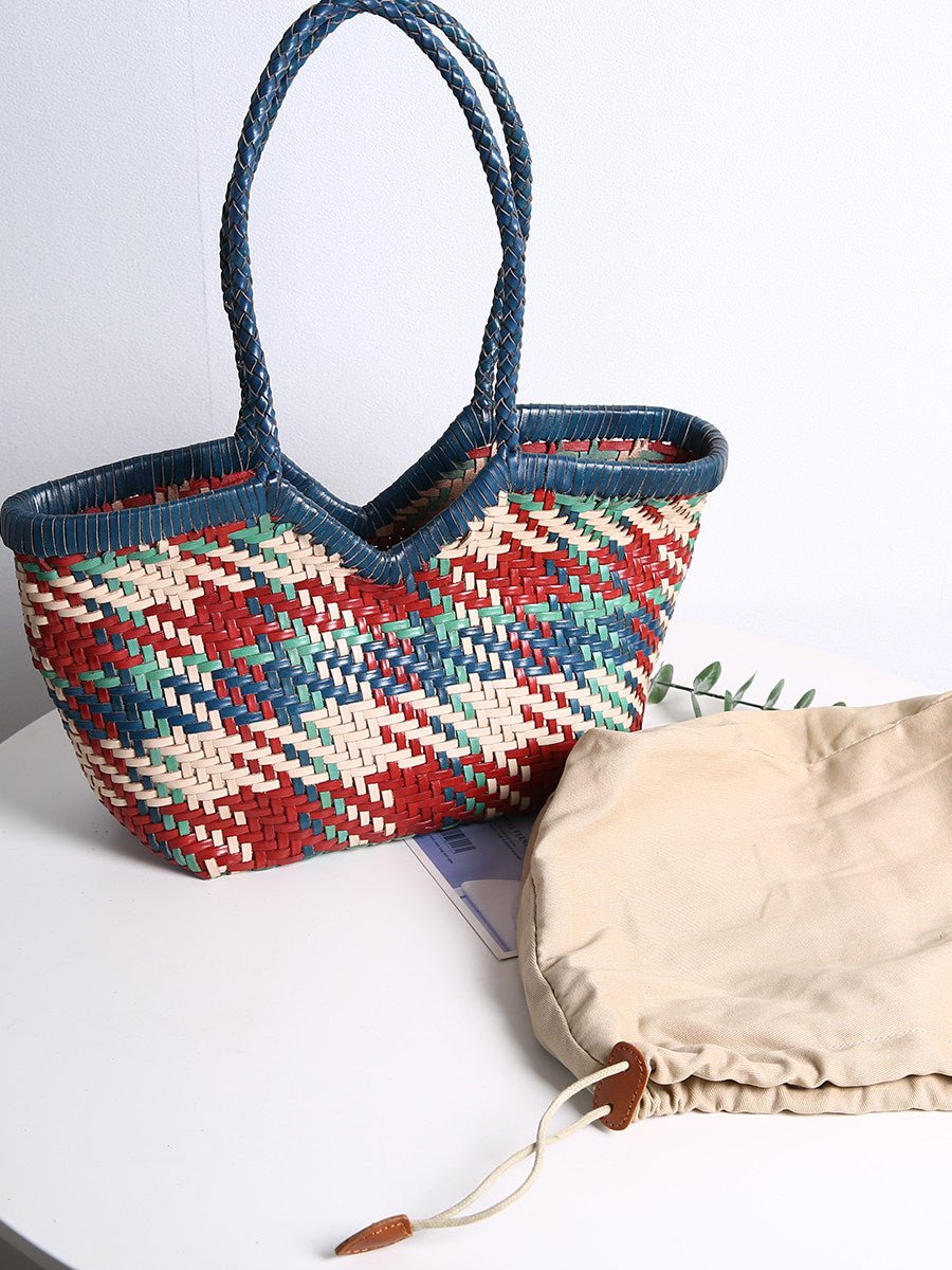 Handwoven Full Grain Leather Tote Bag for Women | Multicolor Bohemian Braided Basket Shoulder Bag | Spring Summer Market Bag