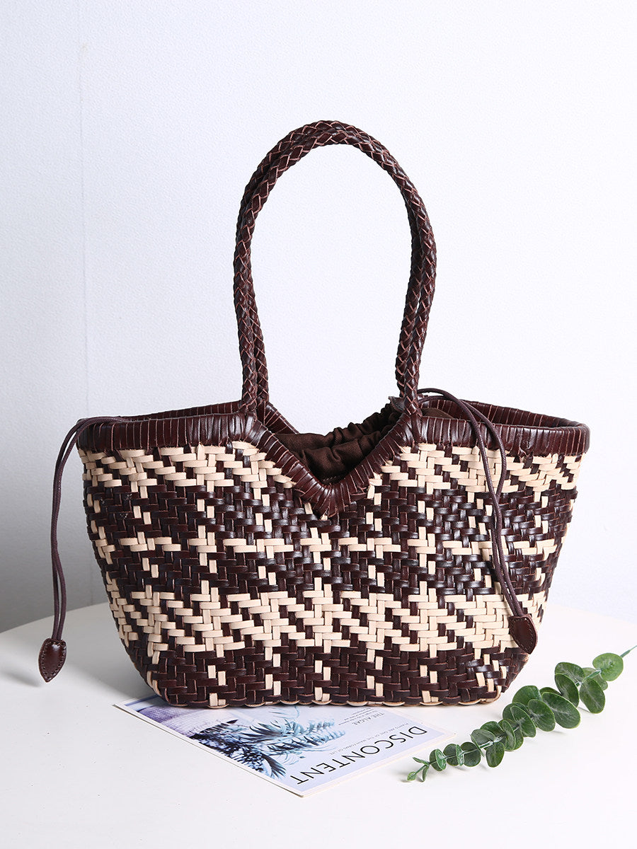 Handwoven Full Grain Leather Tote Bag for Women | Multicolor Bohemian Braided Basket Shoulder Bag | Spring Summer Market Bag