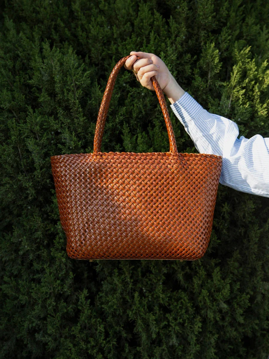 Handwoven Genuine Leather Tote Bag – Triple-Jump Bamboo Weave | Two Sizes, Leather Base, Zip Closure, 5 Colourways - Image 3