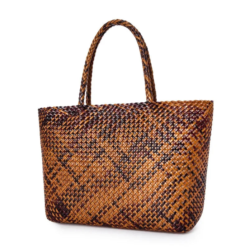 Handwoven Genuine Leather Tote Bag – Triple-Jump Bamboo Weave | Two Sizes, Leather Base, Zip Closure, 5 Colourways
