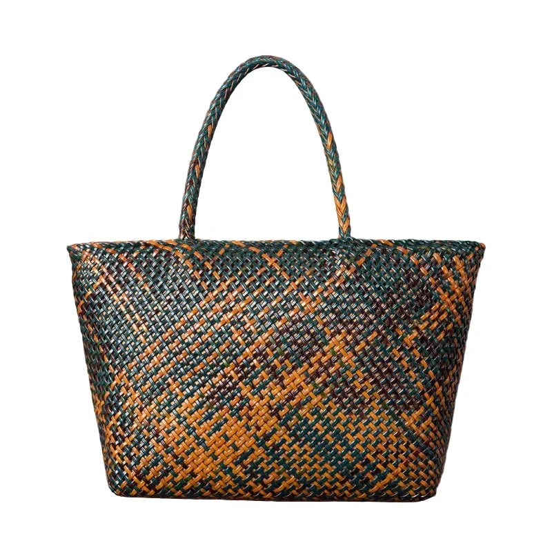 Handwoven Genuine Leather Tote Bag – Triple-Jump Bamboo Weave | Two Sizes, Leather Base, Zip Closure, 5 Colourways