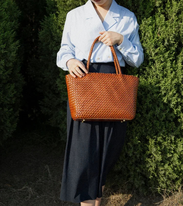 Handwoven Genuine Leather Tote Bag – Triple-Jump Bamboo Weave | Two Sizes, Leather Base, Zip Closure, 5 Colourways - Image 4