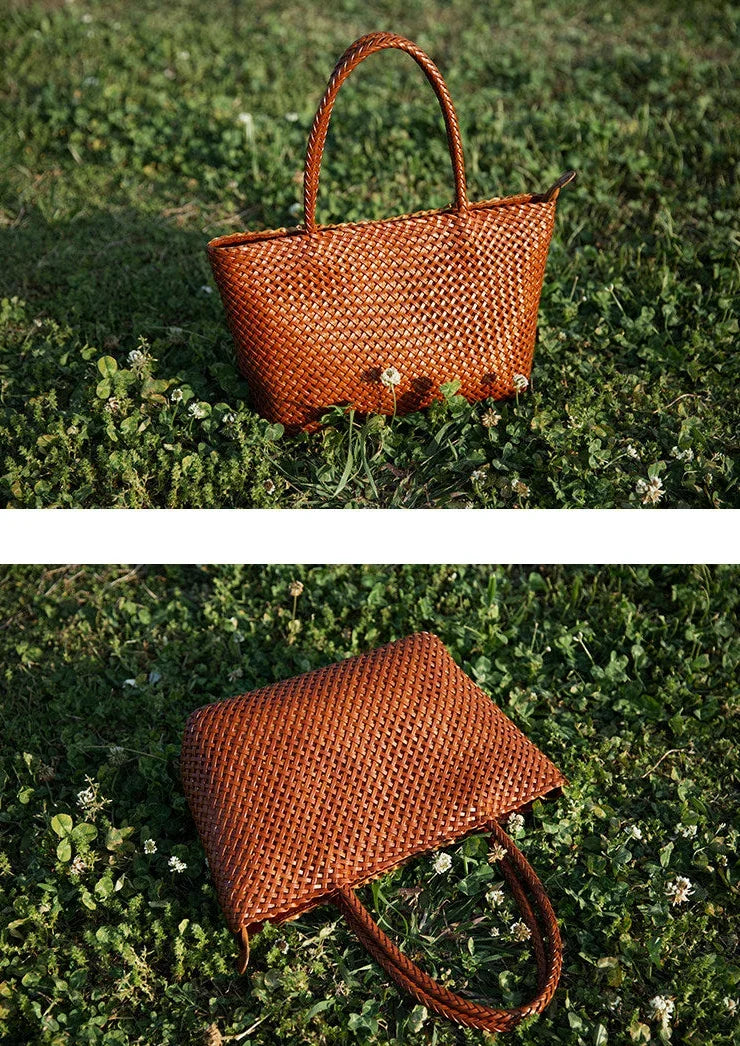 Handwoven Genuine Leather Tote Bag – Triple-Jump Bamboo Weave | Two Sizes, Leather Base, Zip Closure, 5 Colourways - Image 5