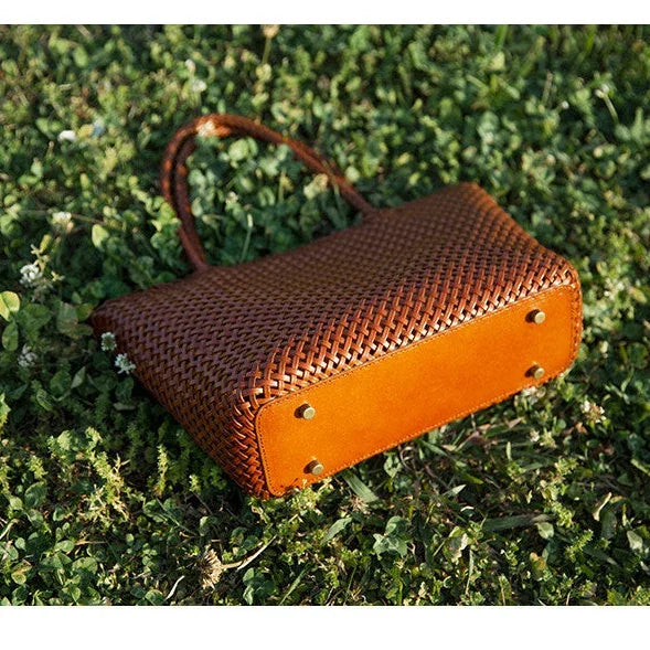 Handwoven Genuine Leather Tote Bag – Triple-Jump Bamboo Weave | Two Sizes, Leather Base, Zip Closure, 5 Colourways - Image 6