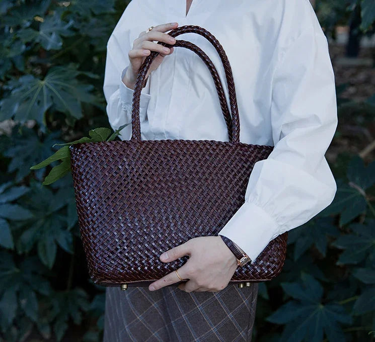 Handwoven Genuine Leather Tote Bag – Triple-Jump Bamboo Weave | Two Sizes, Leather Base, Zip Closure, 5 Colourways