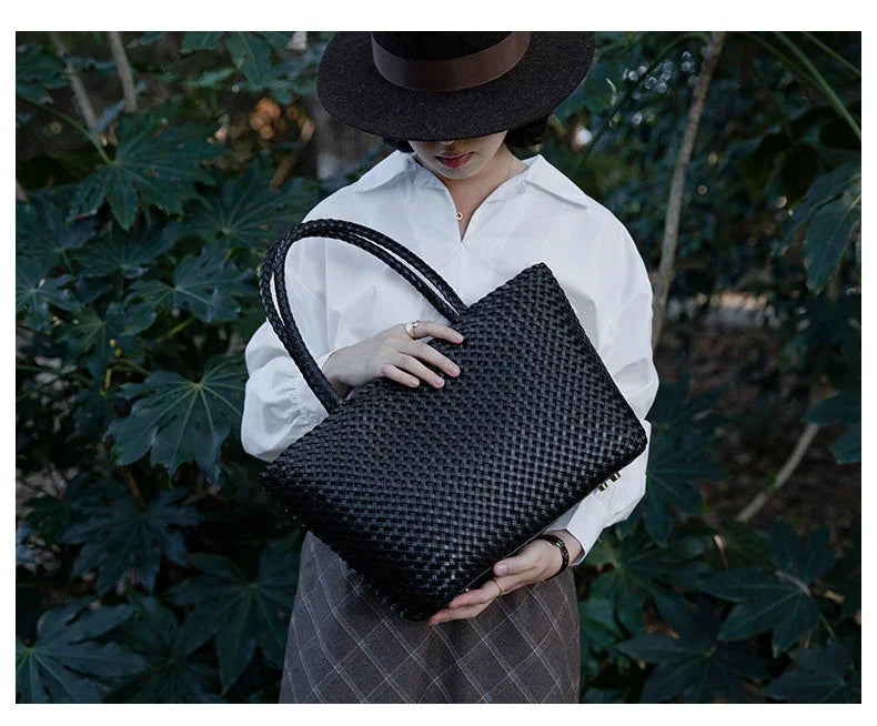 Handwoven Genuine Leather Tote Bag – Triple-Jump Bamboo Weave | Two Sizes, Leather Base, Zip Closure, 5 Colourways