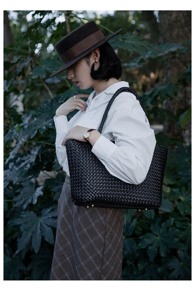 Handwoven Genuine Leather Tote Bag – Triple-Jump Bamboo Weave | Two Sizes, Leather Base, Zip Closure, 5 Colourways