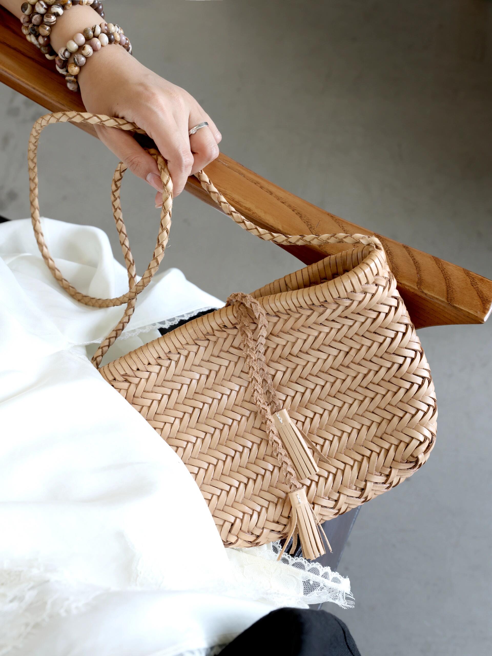 Handwoven Italian Cowhide Leather Crossbody Bag for Women |  Artisan Woven Shoulder Bag with Tassel & Drawstring Pouch | 8 Colours | Casual Daily & Weekend Ba