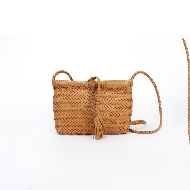 Handwoven Italian Cowhide Leather Crossbody Bag for Women |  Artisan Woven Shoulder Bag with Tassel & Drawstring Pouch | 8 Colours | Casual Daily & Weekend Ba