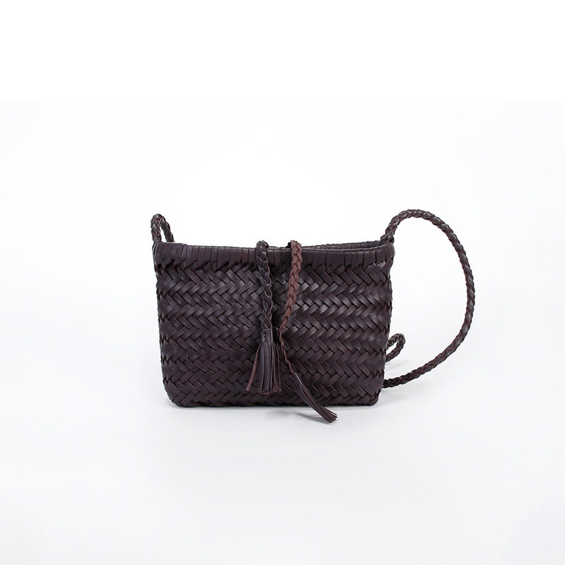 Handwoven Italian Cowhide Leather Crossbody Bag for Women |  Artisan Woven Shoulder Bag with Tassel & Drawstring Pouch | 8 Colours | Casual Daily & Weekend Ba