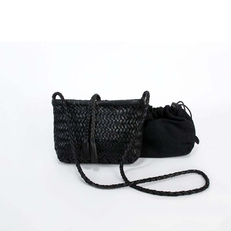Handwoven Italian Cowhide Leather Crossbody Bag for Women |  Artisan Woven Shoulder Bag with Tassel & Drawstring Pouch | 8 Colours | Casual Daily & Weekend Ba