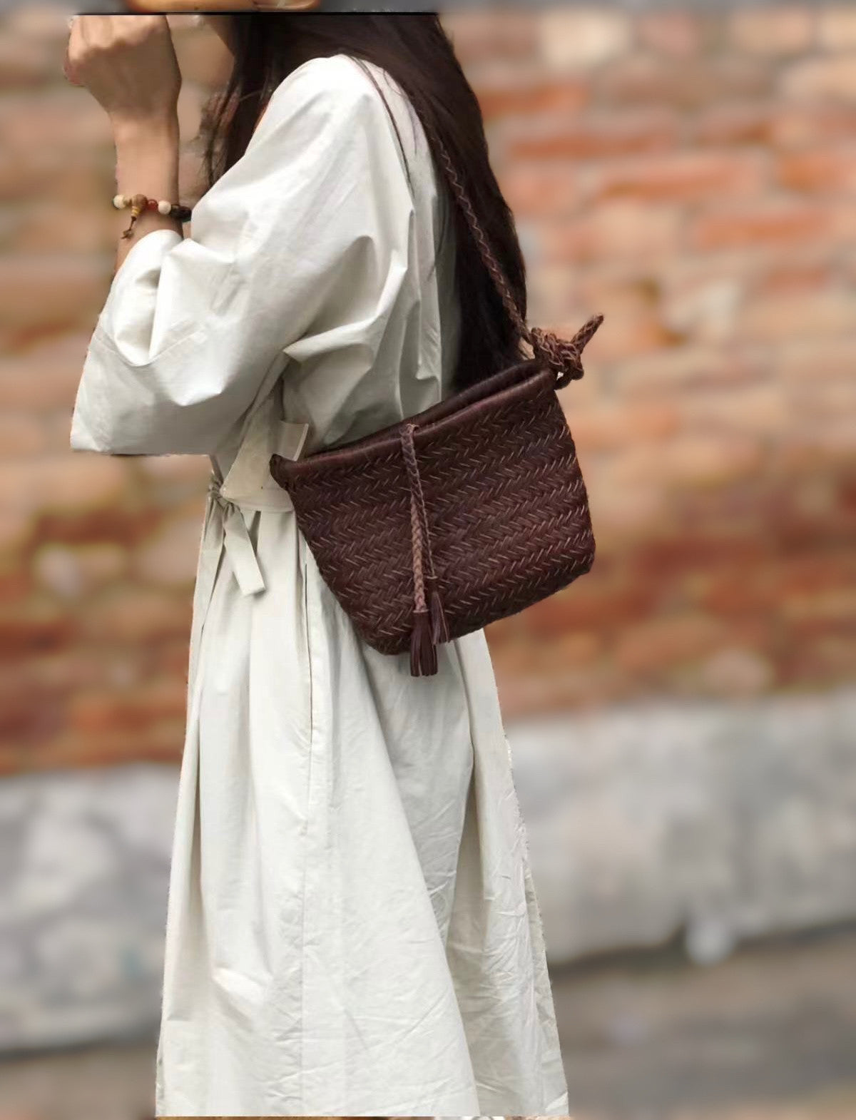 Handwoven Italian Cowhide Leather Crossbody Bag for Women |  Artisan Woven Shoulder Bag with Tassel & Drawstring Pouch | 8 Colours | Casual Daily & Weekend Ba
