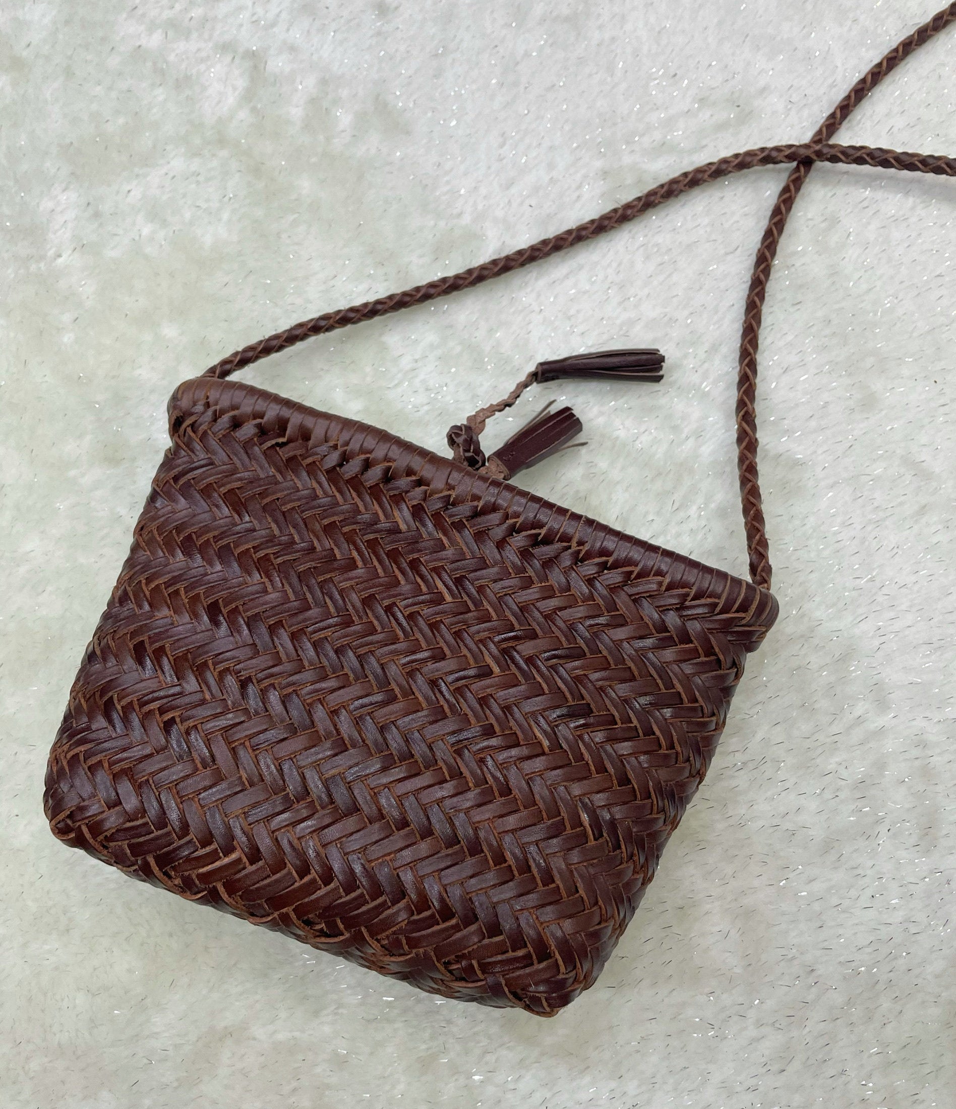 Handwoven Italian Cowhide Leather Crossbody Bag for Women |  Artisan Woven Shoulder Bag with Tassel & Drawstring Pouch | 8 Colours | Casual Daily & Weekend Ba