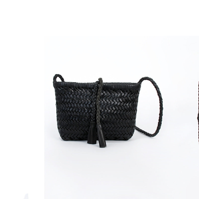 Handwoven Italian Cowhide Leather Crossbody Bag for Women |  Artisan Woven Shoulder Bag with Tassel & Drawstring Pouch | 8 Colours | Casual Daily & Weekend Ba
