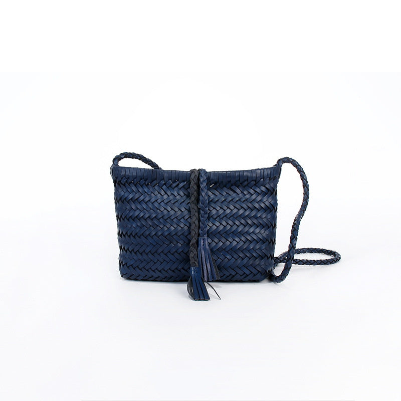 Handwoven Italian Cowhide Leather Crossbody Bag for Women |  Artisan Woven Shoulder Bag with Tassel & Drawstring Pouch | 8 Colours | Casual Daily & Weekend Ba