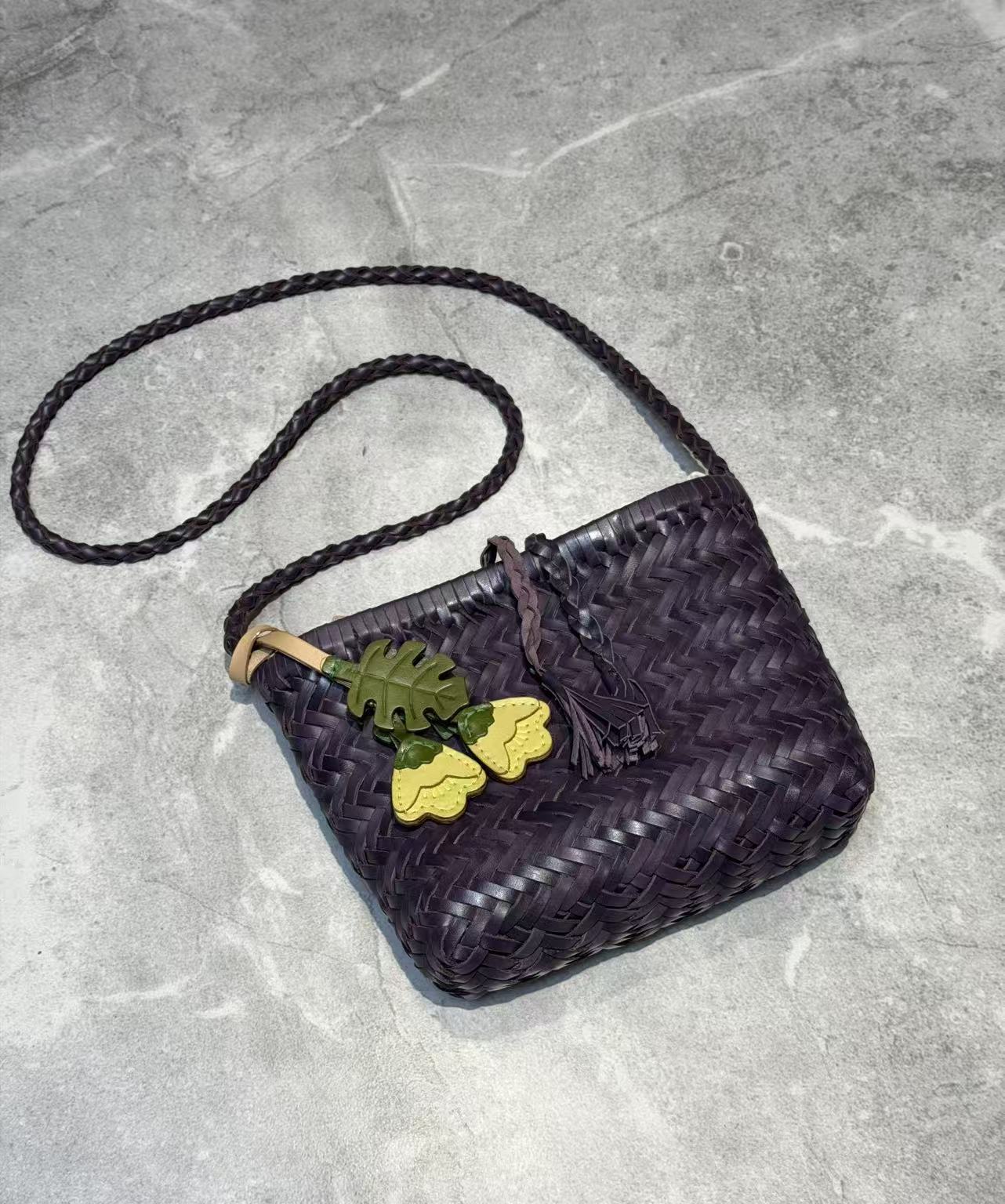 Handwoven Italian Cowhide Leather Crossbody Bag for Women |  Artisan Woven Shoulder Bag with Tassel & Drawstring Pouch | 8 Colours | Casual Daily & Weekend Ba