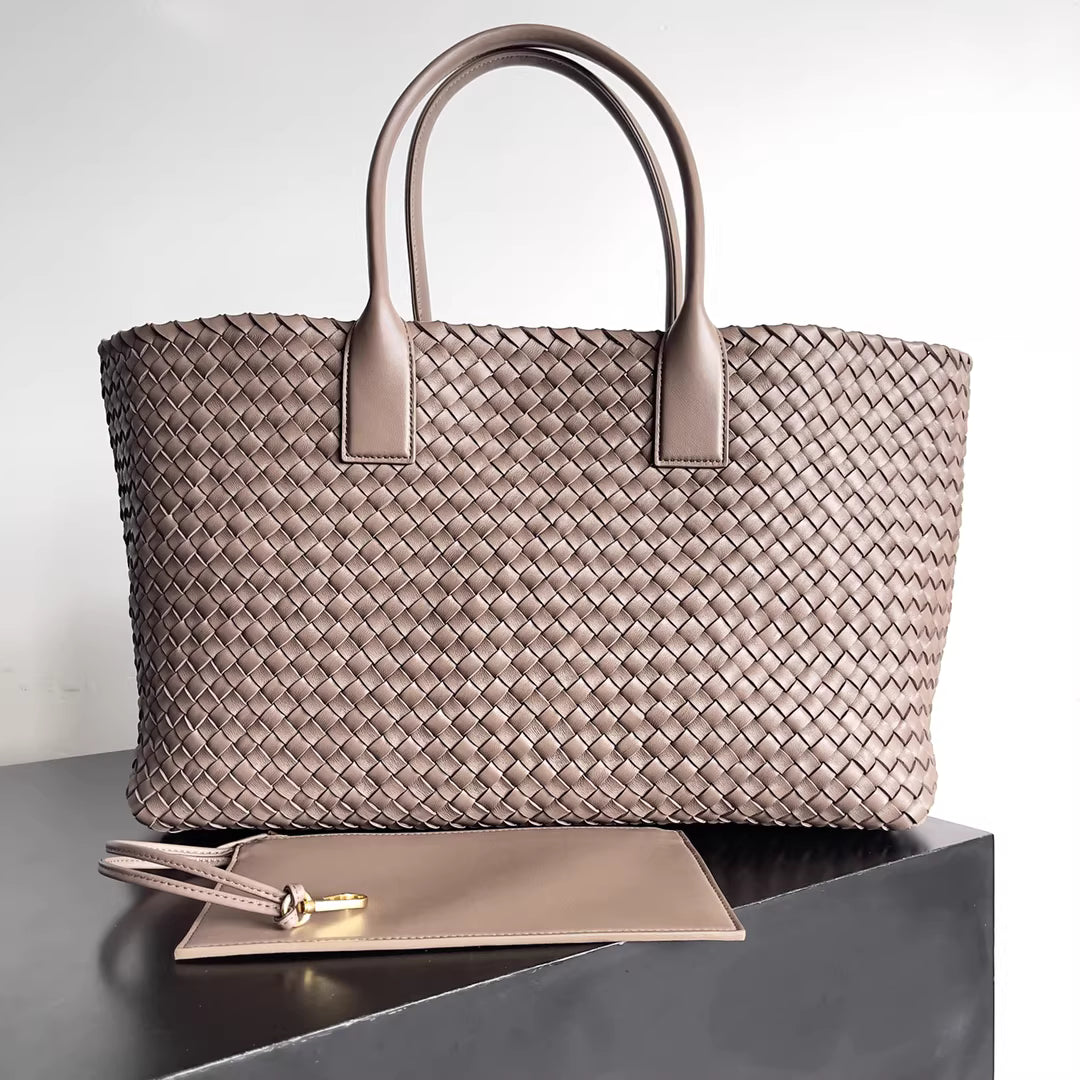 Handwoven Italian Lambskin Tote Bag,  Luxury Intrecciato Leather Shoulder Bag with Matching Pouch, Three Sizes