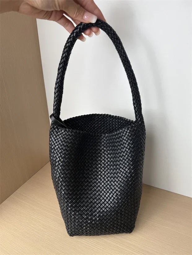Handwoven Lambskin Leather Bucket Bag, Luxury Intrecciato Shoulder/Hobo Bag | All-Leather Interior & Exterior
