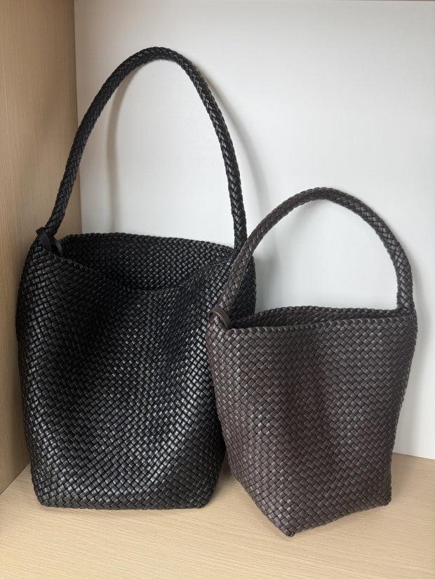 Handwoven Lambskin Leather Bucket Bag, Luxury Intrecciato Shoulder/Hobo Bag | All-Leather Interior & Exterior