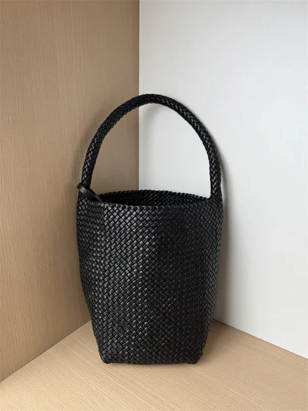 Handwoven Lambskin Leather Bucket Bag, Luxury Intrecciato Shoulder/Hobo Bag | All-Leather Interior & Exterior