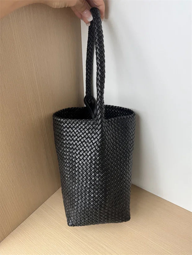 Handwoven Lambskin Leather Bucket Bag, Luxury Intrecciato Shoulder/Hobo Bag | All-Leather Interior & Exterior
