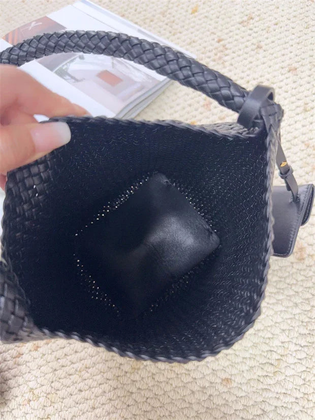 Handwoven Lambskin Leather Bucket Bag, Luxury Intrecciato Shoulder/Hobo Bag | All-Leather Interior & Exterior
