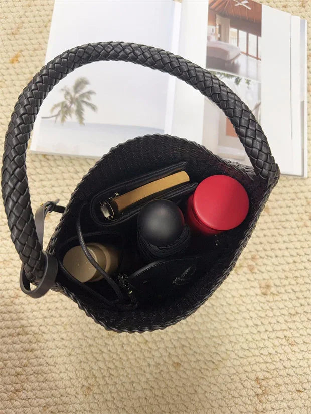 Handwoven Lambskin Leather Bucket Bag, Luxury Intrecciato Shoulder/Hobo Bag | All-Leather Interior & Exterior