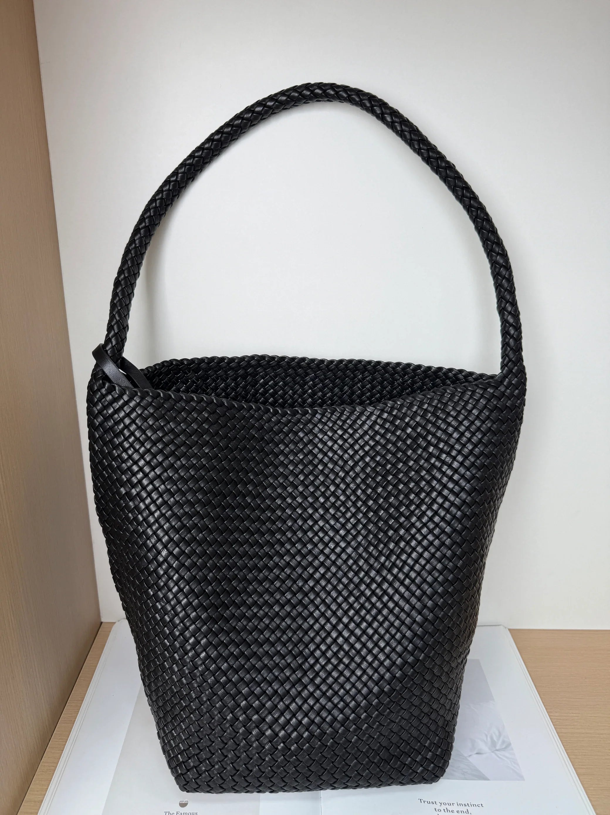 Handwoven Lambskin Leather Bucket Bag, Luxury Intrecciato Shoulder/Hobo Bag | All-Leather Interior & Exterior