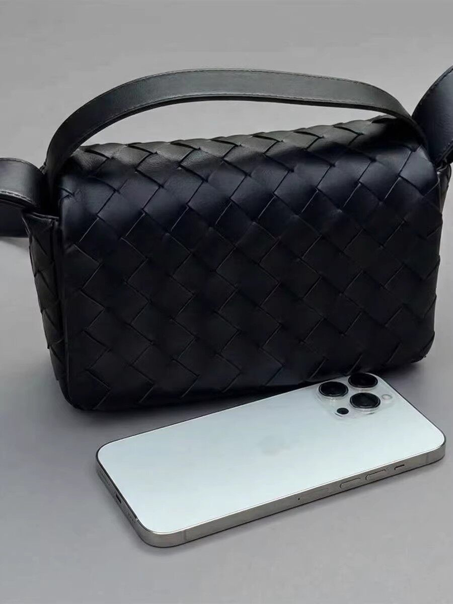 Handwoven Lambskin Leather Mini Bag – Diagonal Basketweave Crossbody | Top Handle Woven Leather Shoulder Bag