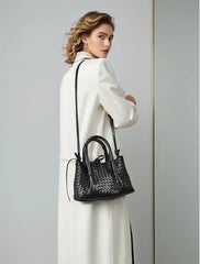 Handwoven Lambskin Leather Tote Bag | Woven Shoulder Bag for Women | Luxury Designer Handbag with Top Handles & Crossbody Strap