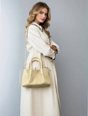 Handwoven Lambskin Leather Shoulder Bag for Women | Luxury Designer Handbag with Top Handles & Crossbody Strap